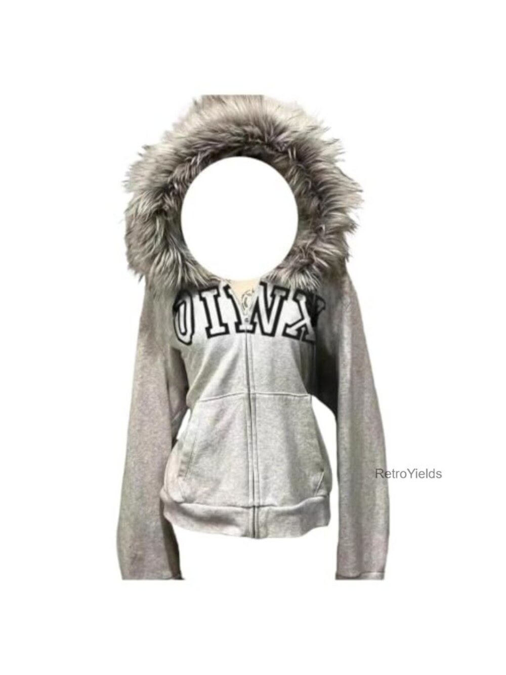 Y2K Emo Grunge Zip Up Crop Hoodie Fur Hood Faux Fur Jacket for Women Winter
